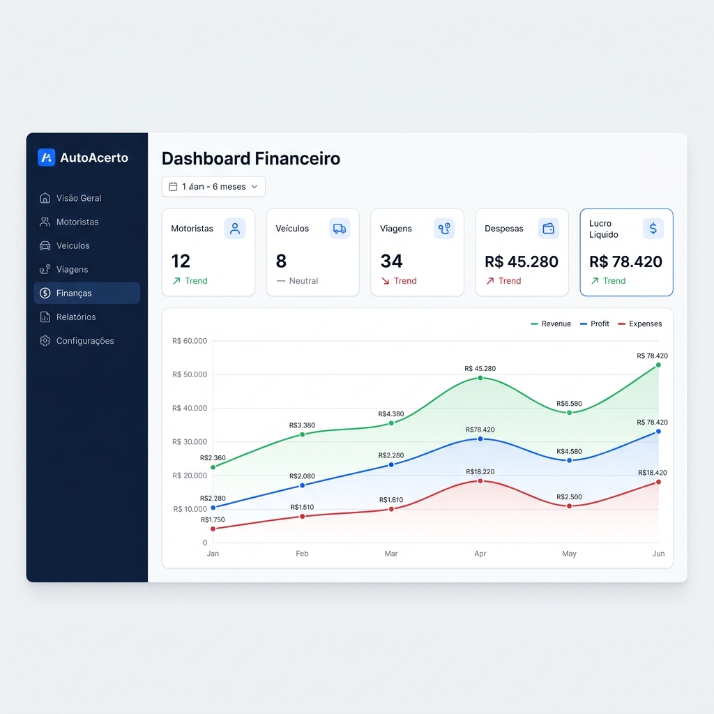 Dashboard financeiro do AutoAcerto mostrando receitas, despesas e lucro líquido de transportadora